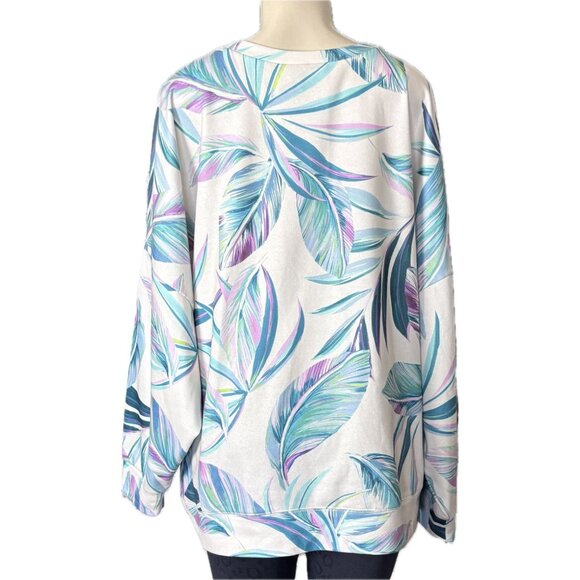 Torrid XL-1 Cream-Teal-Pink Leaf Print Crew Neck Raglan Long Sleeve Sweatshirt - Picture 4 of 7